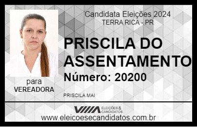 Candidato PRISCILA DO ASSENTAMENTO 2024 - TERRA RICA - Eleições