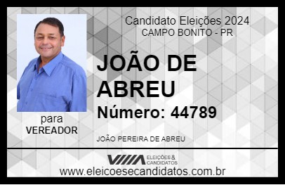 Candidato JOÃO DE ABREU 2024 - CAMPO BONITO - Eleições