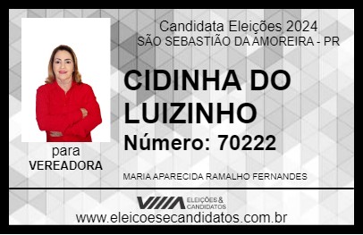 Candidato CIDINHA DO LUIZINHO 2024 - SÃO SEBASTIÃO DA AMOREIRA - Eleições