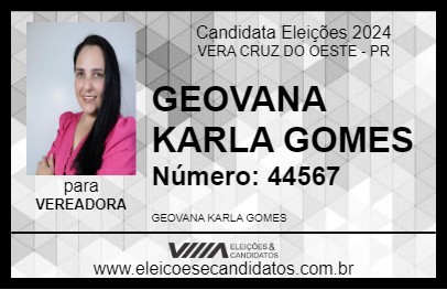 Candidato GEOVANA KARLLA GOMES 2024 - VERA CRUZ DO OESTE - Eleições