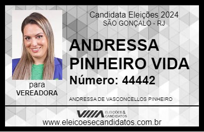 Candidato ANDRESSA PINHEIRO VIDA 2024 - SÃO GONÇALO - Eleições