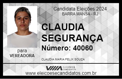 Candidato CLAUDIA SEGURANÇA 2024 - BARRA MANSA - Eleições