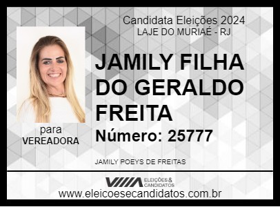 Candidato JAMILY FILHA DO GERALDO FREITA 2024 - LAJE DO MURIAÉ - Eleições