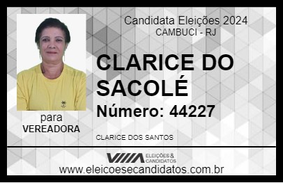 Candidato CLARICE DO SACOLÉ 2024 - CAMBUCI - Eleições