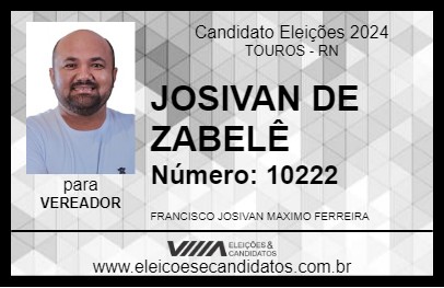 Candidato JOSIVAN DE ZABELÊ 2024 - TOUROS - Eleições