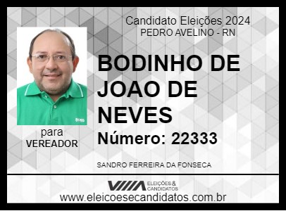 Candidato BODINHO DE JOAO DE NEVES 2024 - PEDRO AVELINO - Eleições