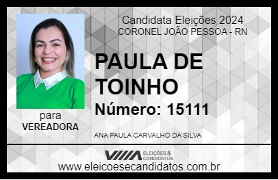 Candidato PAULA DE TOINHO 2024 - CORONEL JOÃO PESSOA - Eleições