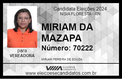 Candidato MIRIAM DA MAZAPA 2024 - NÍSIA FLORESTA - Eleições