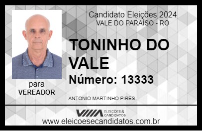 Candidato TONINHO DO VALE 2024 - VALE DO PARAÍSO - Eleições