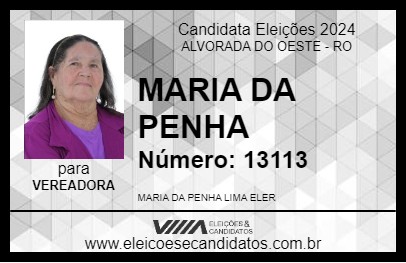 Candidato MARIA DA PENHA 2024 - ALVORADA DO OESTE - Eleições