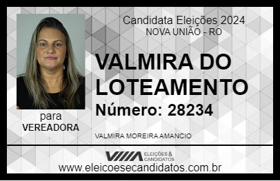 Candidato VALMIRA DO LOTEAMENTO 2024 - NOVA UNIÃO - Eleições