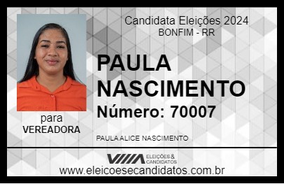 Candidato PAULA NASCIMENTO 2024 - BONFIM - Eleições