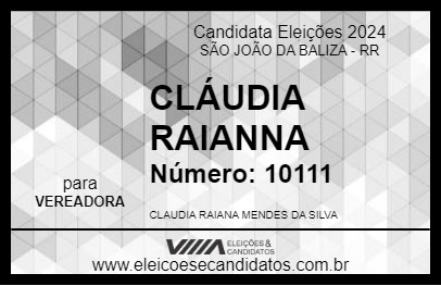 Candidato CLÁUDIA RAIANNA 2024 - SÃO JOÃO DA BALIZA - Eleições