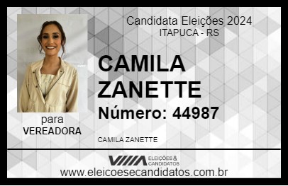 Candidato CAMILA ZANETTE 2024 - ITAPUCA - Eleições