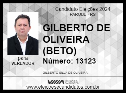 Candidato BETO - GILBERTO OLIVEIRA 2024 - PAROBÉ - Eleições