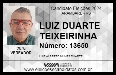 Candidato LUIZ DUARTE TEIXEIRINHA 2024 - ARAMBARÉ - Eleições