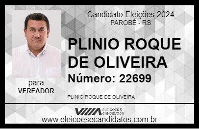 Candidato PLINIO ROQUE DE OLIVEIRA 2024 - PAROBÉ - Eleições