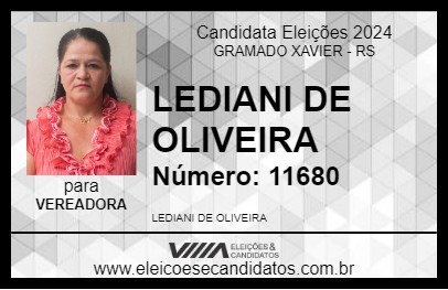 Candidato LEDIANI DE OLIVEIRA 2024 - GRAMADO XAVIER - Eleições