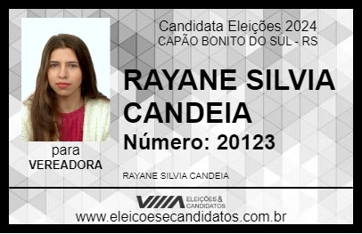 Candidato RAYANE SILVIA CANDEIA 2024 - CAPÃO BONITO DO SUL - Eleições