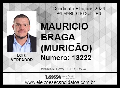 Candidato MAURICIO BRAGA (MURICÃO)  2024 - PALMARES DO SUL - Eleições