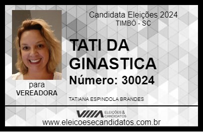 Candidato TATI DA GINASTICA 2024 - TIMBÓ - Eleições