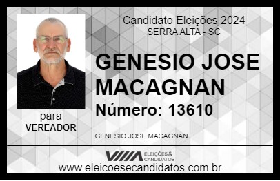 Candidato GENESIO JOSE MACAGNAN 2024 - SERRA ALTA - Eleições