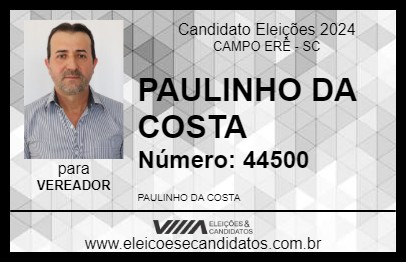 Candidato PAULINHO DA COSTA 2024 - CAMPO ERÊ - Eleições