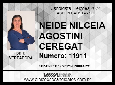 Candidato NEIDE NILCEIA AGOSTINI CEREGAT 2024 - ABDON BATISTA - Eleições