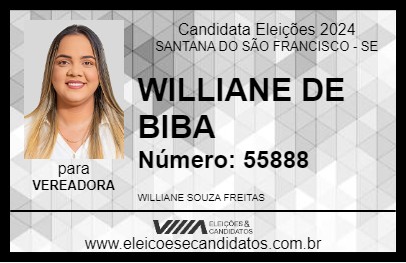 Candidato WILLIANE DE BIBA 2024 - SANTANA DO SÃO FRANCISCO - Eleições