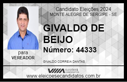 Candidato GIVALDO DE BEIJO 2024 - MONTE ALEGRE DE SERGIPE - Eleições