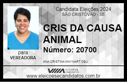 Candidato CRIS DA CAUSA ANIMAL 2024 - SÃO CRISTÓVÃO - Eleições