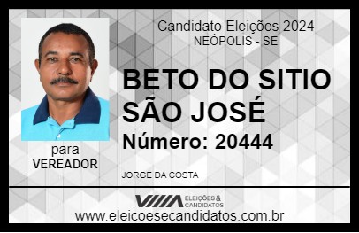 Candidato BETO DO SITIO SÃO JOSÉ 2024 - NEÓPOLIS - Eleições