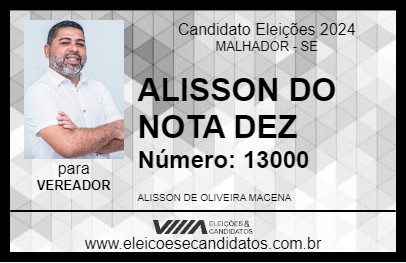 Candidato ALISSON DO NOTA DEZ 2024 - MALHADOR - Eleições