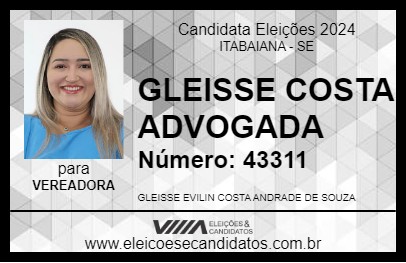 Candidato GLEISSE COSTA ADVOGADA 2024 - ITABAIANA - Eleições