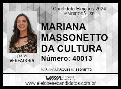 Candidato MARIANA MASSONETTO DA CULTURA 2024 - MAIRIPORÃ - Eleições