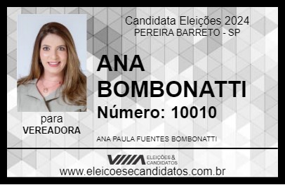 Candidato ANA BOMBONATTI 2024 - PEREIRA BARRETO - Eleições