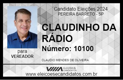 Candidato CLAUDINHO DA RÁDIO 2024 - PEREIRA BARRETO - Eleições