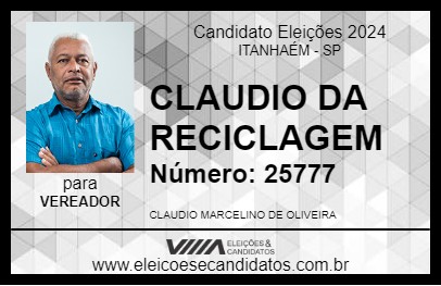 Candidato CLAUDIO DA RECICLAGEM 2024 - ITANHAÉM - Eleições