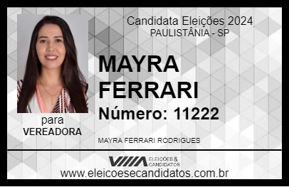 Candidato MAYRA FERRARI 2024 - PAULISTÂNIA - Eleições