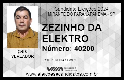 Candidato ZEZINHO DA ELEKTRO 2024 - MIRANTE DO PARANAPANEMA - Eleições