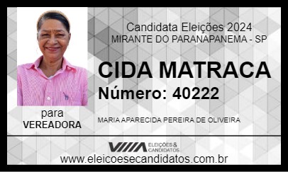 Candidato CIDA MATRACA 2024 - MIRANTE DO PARANAPANEMA - Eleições