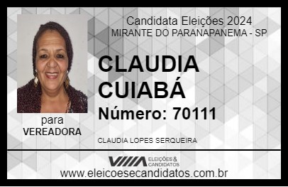 Candidato CLAUDIONA DO CUIABÁ 2024 - MIRANTE DO PARANAPANEMA - Eleições