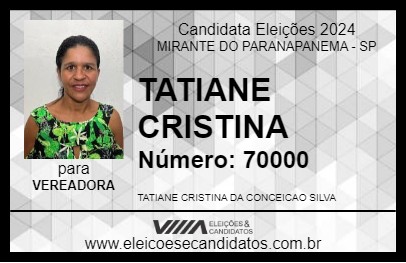 Candidato TATIANE CRISTINA 2024 - MIRANTE DO PARANAPANEMA - Eleições