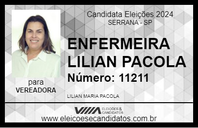 Candidato ENFERMEIRA LILIAN PACOLA 2024 - SERRANA - Eleições