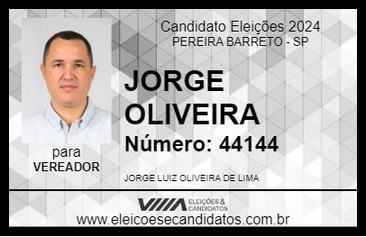 Candidato JORGE OLIVEIRA 2024 - PEREIRA BARRETO - Eleições