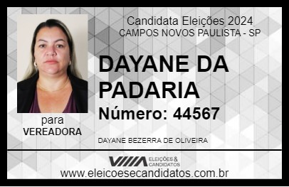 Candidato DAYANE DA PADARIA 2024 - CAMPOS NOVOS PAULISTA - Eleições