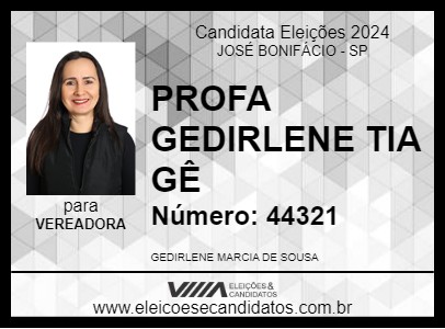 Candidato PROFA GEDIRLENE TIA GÊ 2024 - JOSÉ BONIFÁCIO - Eleições