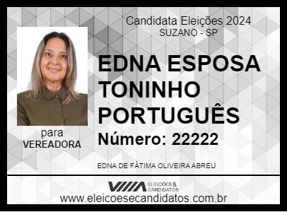 Candidato EDNA ESPOSA TONINHO PORTUGUÊS 2024 - SUZANO - Eleições