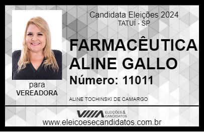 Candidato FARMACÊUTICA ALINE GALLO 2024 - TATUÍ - Eleições