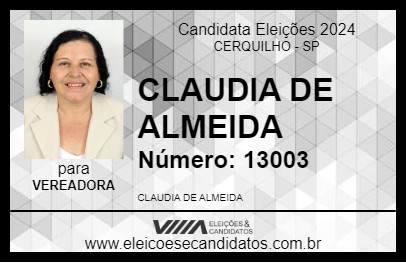 Candidato CLAUDIA DE ALMEIDA 2024 - CERQUILHO - Eleições